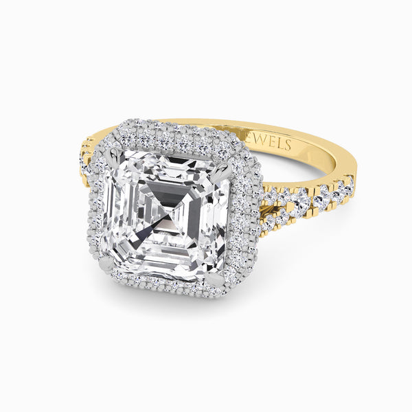 Asscher Cut Lab Diamond 3D Pave Split Shank Halo Engagement Ring (1.00ct+)