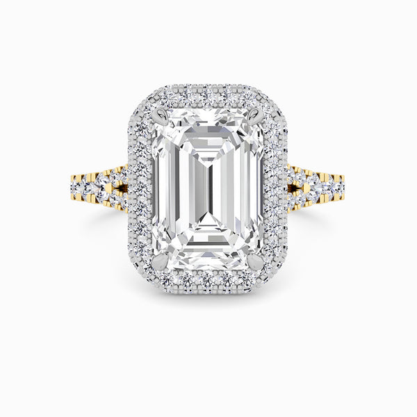 Emerald Cut Lab Diamond 3D Pave Split Shank Halo Engagement Ring (1.00ct+)