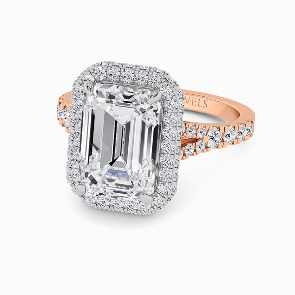 Emerald Cut Lab Diamond 3D Pave Split Shank Halo Engagement Ring (1.00ct+)