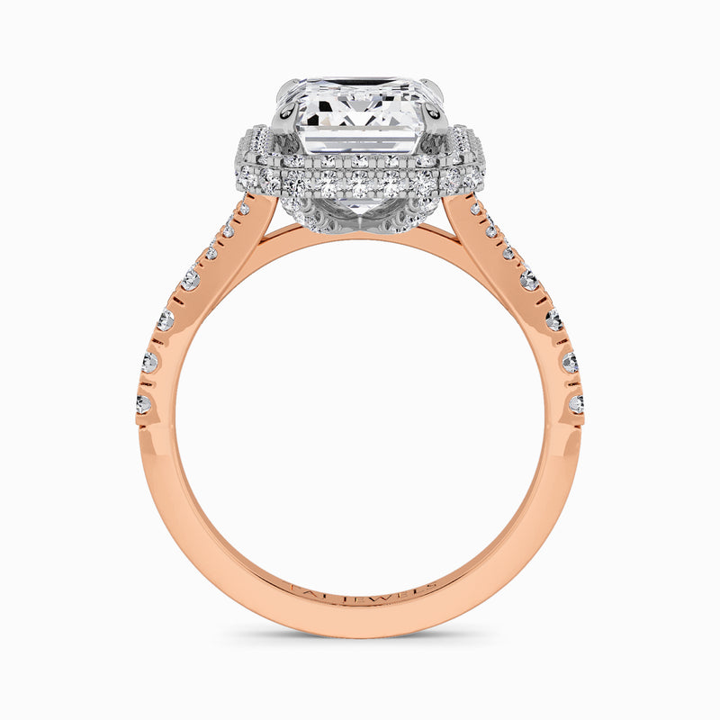 Emerald Cut Lab Diamond 3D Pave Split Shank Halo Engagement Ring (1.00ct+)