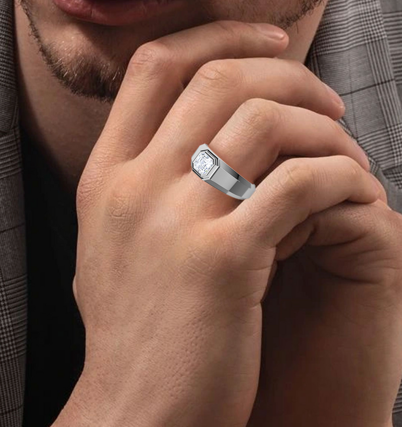 Lab Grown Bezel Set Asscher Cut Diamond Wedding Ring