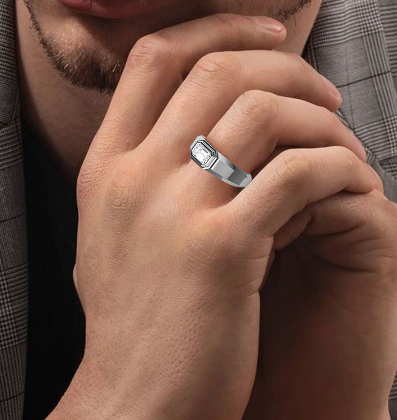 Lab Grown Bezel Set Emerald Cut Diamond Wedding Ring