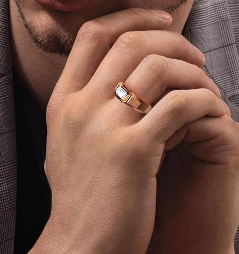 Lab Grown Bezel Set Emerald Cut Diamond Wedding Ring