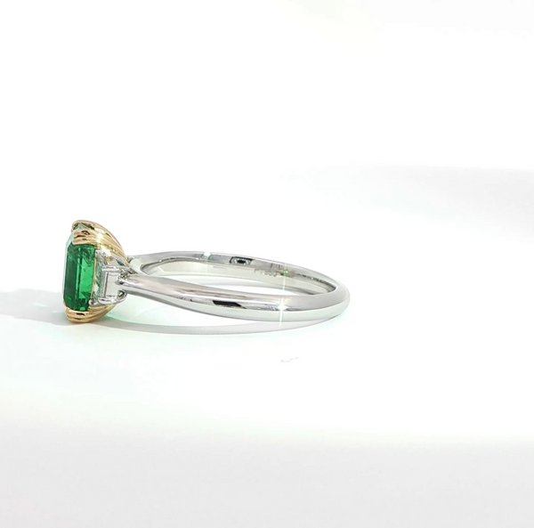 Emerald Cut Emerald and Diamond Trilogy Engagement Ring