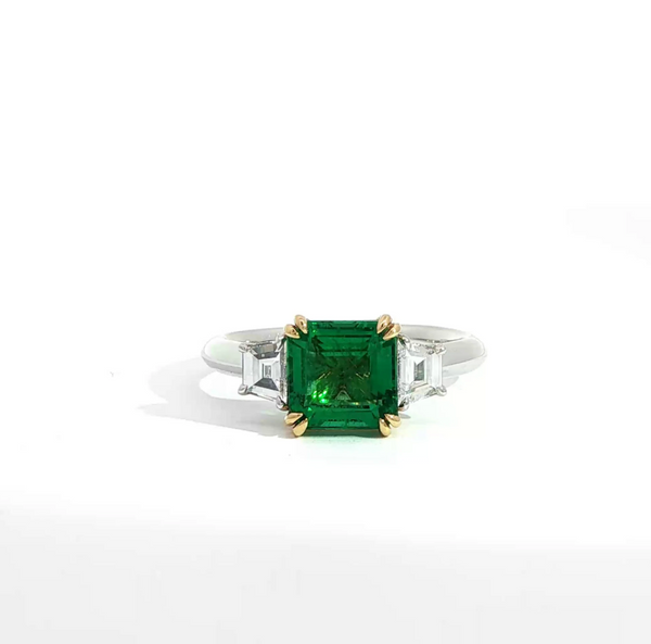 Asscher Cut Emerald and Diamond Trilogy Engagement Ring