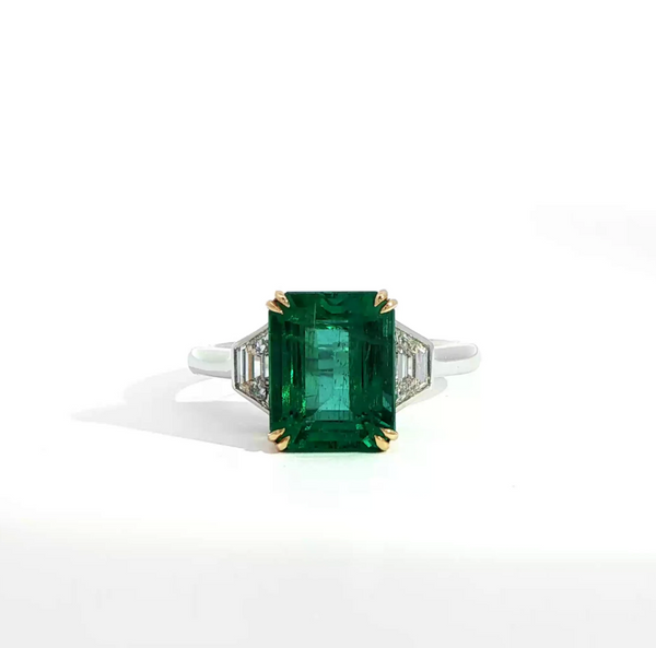 Emerald Cut Emerald and Diamond Trilogy Engagement Ring