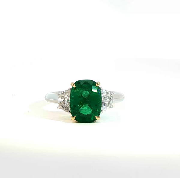 Elongated Cushion Cut Emerald and Diamond Trilogy Engagement Ring