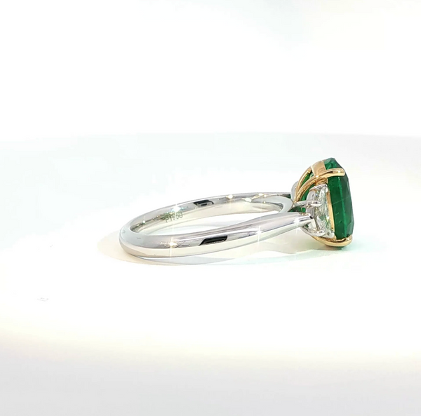 Elongated Cushion Cut Emerald and Diamond Trilogy Engagement Ring