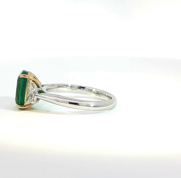Elongated Cushion Cut Emerald and Diamond Trilogy Engagement Ring