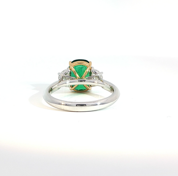 Elongated Cushion Cut Emerald and Diamond Trilogy Engagement Ring