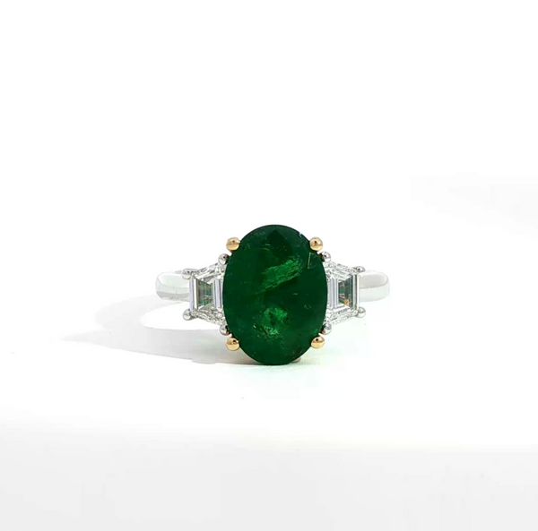 Oval Cut Emerald and Diamond Trilogy Engagement Ring