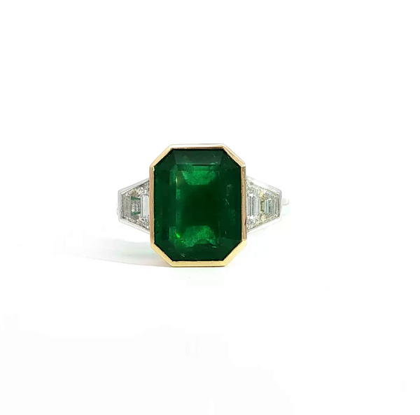 Emerald Cut Emerald and Diamond Bezel Set Trilogy Engagement Ring