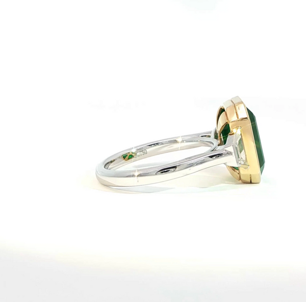 Emerald Cut Emerald and Diamond Bezel Set Trilogy Engagement Ring
