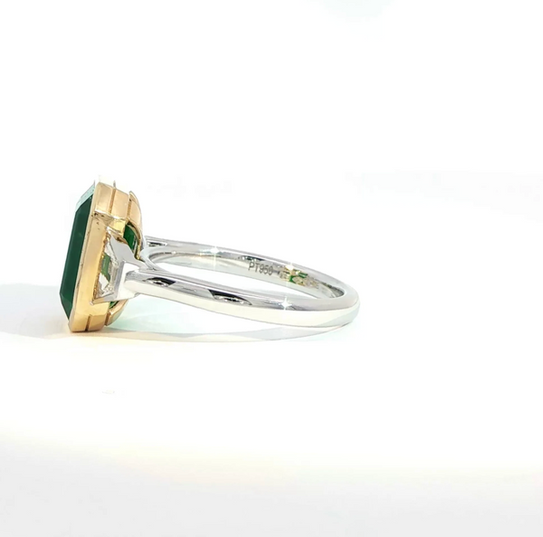 Emerald Cut Emerald and Diamond Bezel Set Trilogy Engagement Ring