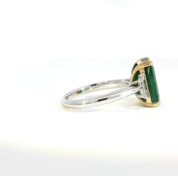 Elongated Emerald Cut Emerald and Diamond Bezel Set Trilogy Engagement Ring