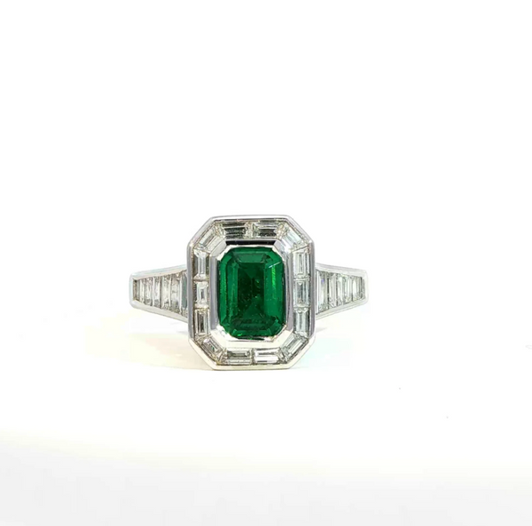 Emerald Cut Emerald and Diamond Bezel Set Art Deco Style Halo Engagement Ring