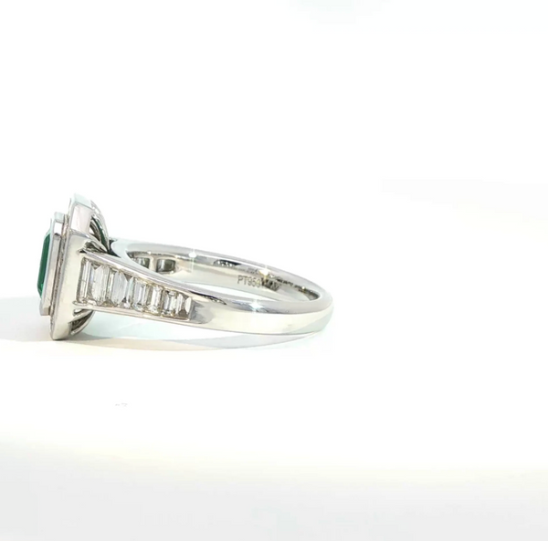 Emerald Cut Emerald and Diamond Bezel Set Art Deco Style Halo Engagement Ring