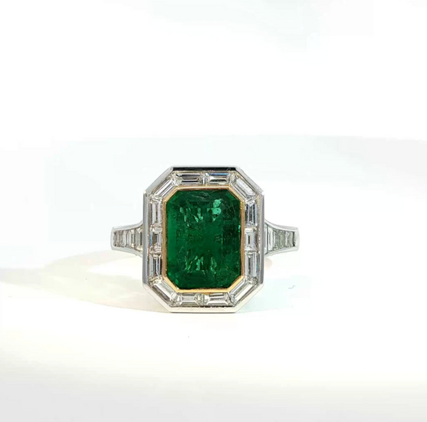 Emerald Cut Emerald and Diamond Bezel Set Art Deco Style Halo Engagement Ring