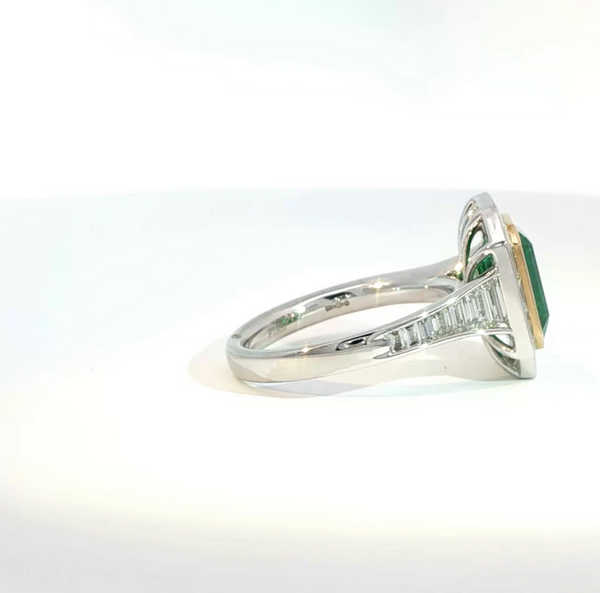 Emerald Cut Emerald and Diamond Bezel Set Art Deco Style Halo Engagement Ring
