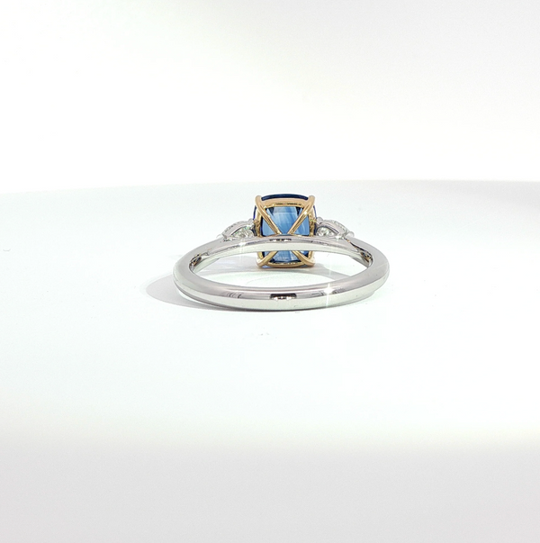 Cushion Cut Sapphire and Diamond Trilogy Engagement Ring