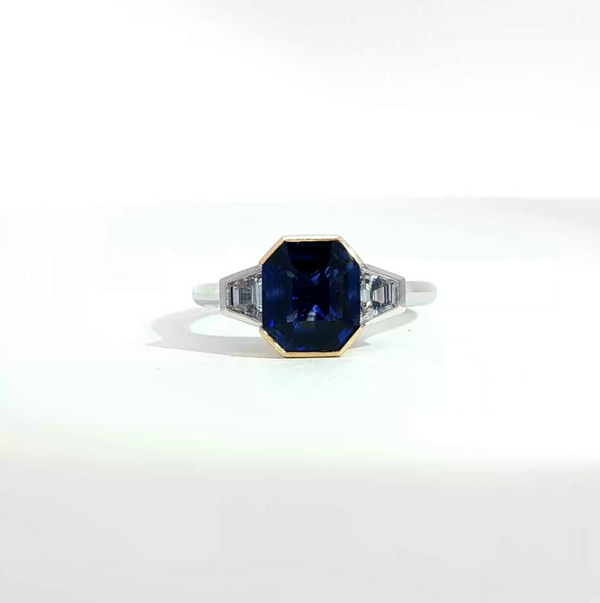 Octagonal Cut Sapphire and Diamond Bezel Trilogy Engagement Ring