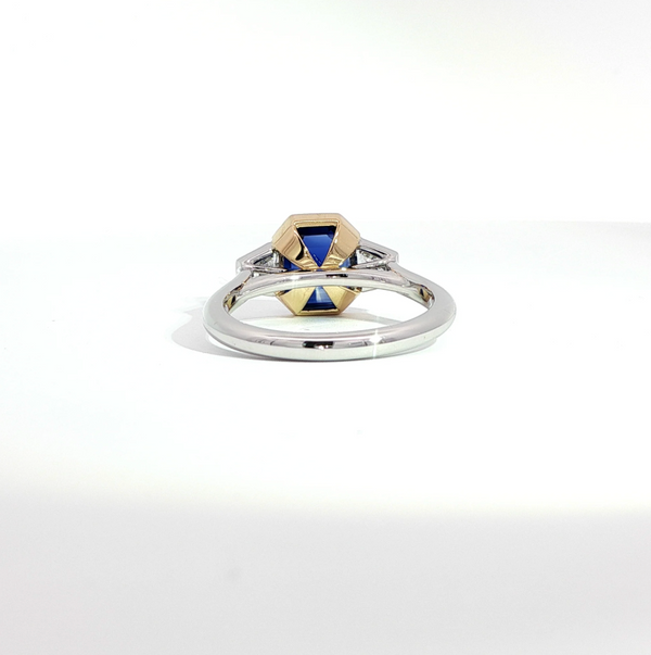 Octagonal Cut Sapphire and Diamond Bezel Trilogy Engagement Ring