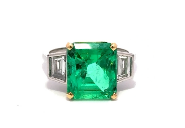 Octagonal Cut COLOMBIAN Emerald and Diamond Trilogy Engagement Ring
