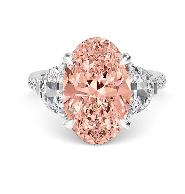 Fancy Pink Oval Trilogy Lab Diamond Engagement Ring With Half Moon Side Diamonds & Diamond shoudlers