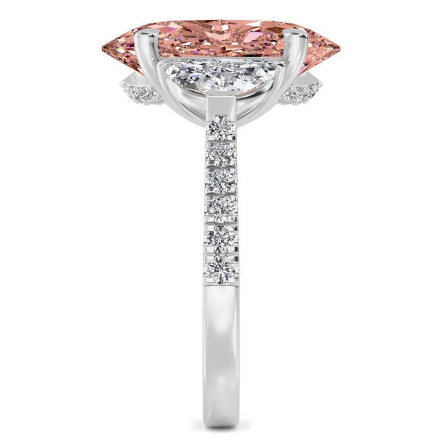 Fancy Pink Oval Trilogy Lab Diamond Engagement Ring With Half Moon Side Diamonds & Diamond shoudlers