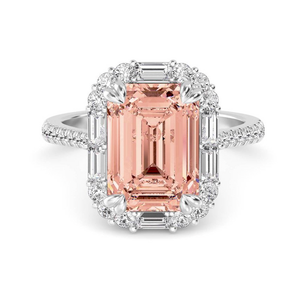 Fancy Pink Emerald Cut Lab Diamond Halo Engagement Ring (Cathedral) (4.5ct+)