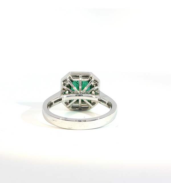 Asscher Cut Emerald and Diamond Bezel Halo Engagement Ring