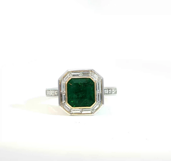 Asscher Cut Emerald and Diamond Bezel Halo Engagement Ring