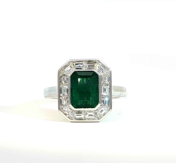 Emerald Cut Emerald and Diamond Bezel Halo Engagement Ring