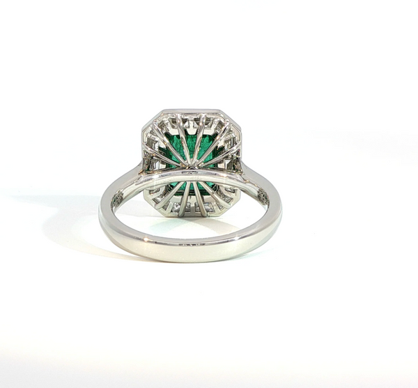 Emerald Cut Emerald and Diamond Bezel Halo Engagement Ring