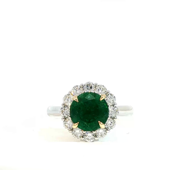 Round Cut Emerald and Diamond Halo Engagement Ring
