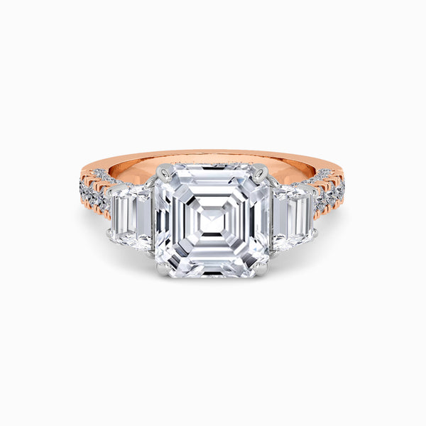 Asscher Trilogy Lab Diamond Engagement Ring With Trapezoid Side Diamonds, 3D pave Band & Open Gallery (1.50CT+)