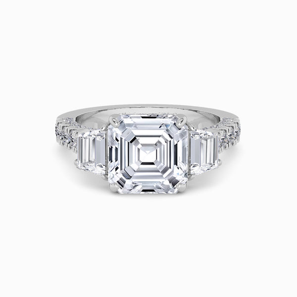 Asscher Trilogy Lab Diamond Engagement Ring With Trapezoid Side Diamonds, 3D pave Band & Open Gallery (1.50CT+)