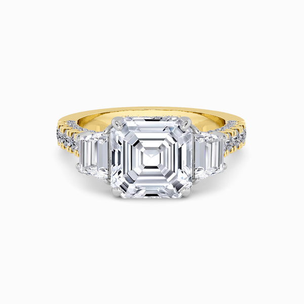 Asscher Trilogy Lab Diamond Engagement Ring With Trapezoid Side Diamonds, 3D pave Band & Open Gallery (1.50CT+)