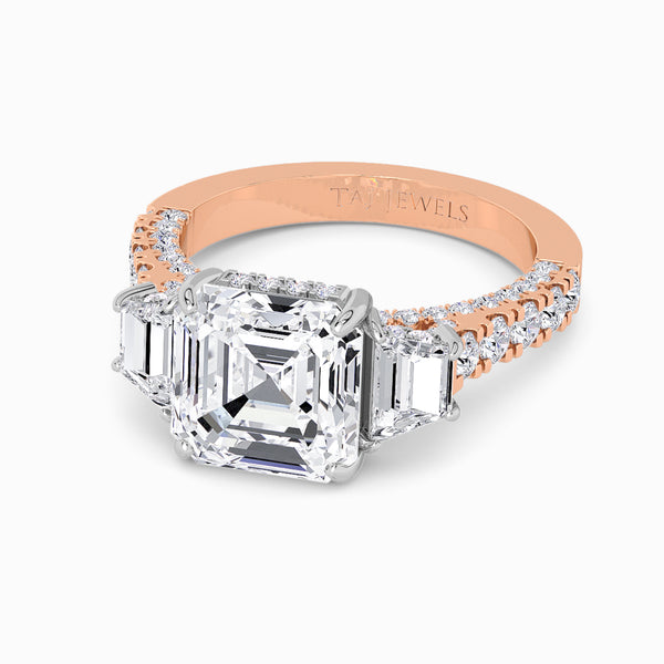 Asscher Trilogy Lab Diamond Engagement Ring With Trapezoid Side Diamonds, 3D pave Band & Open Gallery (1.50CT+)