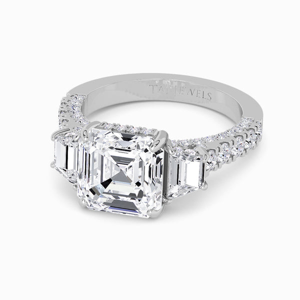Asscher Trilogy Lab Diamond Engagement Ring With Trapezoid Side Diamonds, 3D pave Band & Open Gallery (1.50CT+)