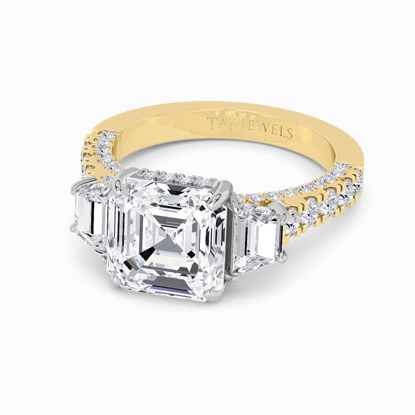 Asscher Trilogy Lab Diamond Engagement Ring With Trapezoid Side Diamonds, 3D pave Band & Open Gallery (1.50CT+)