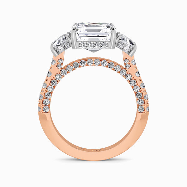 Asscher Trilogy Lab Diamond Engagement Ring With Trapezoid Side Diamonds, 3D pave Band & Open Gallery (1.50CT+)