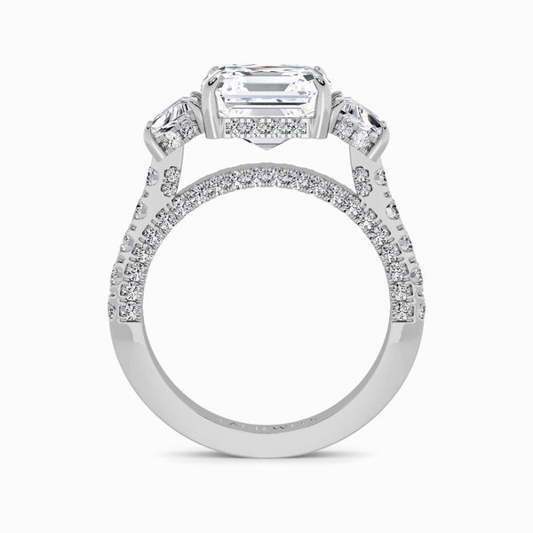 Asscher Trilogy Lab Diamond Engagement Ring With Trapezoid Side Diamonds, 3D pave Band & Open Gallery (1.50CT+)