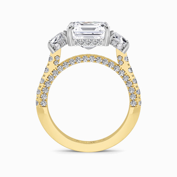 Asscher Trilogy Lab Diamond Engagement Ring With Trapezoid Side Diamonds, 3D pave Band & Open Gallery (1.50CT+)