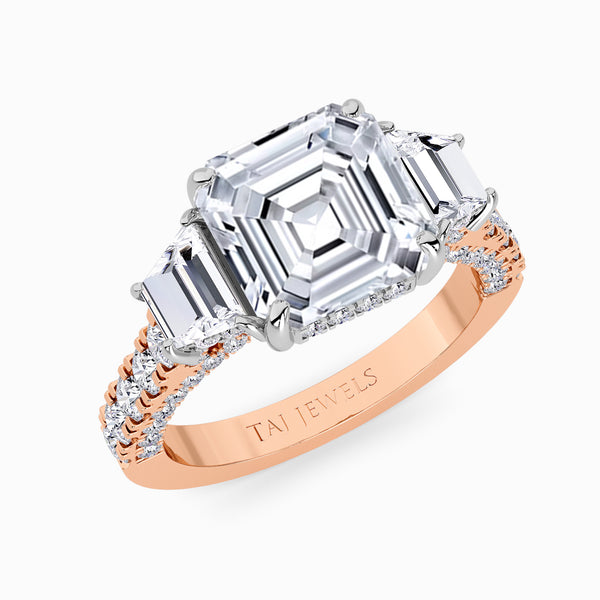 Asscher Trilogy Lab Diamond Engagement Ring With Trapezoid Side Diamonds, 3D pave Band & Open Gallery (1.50CT+)