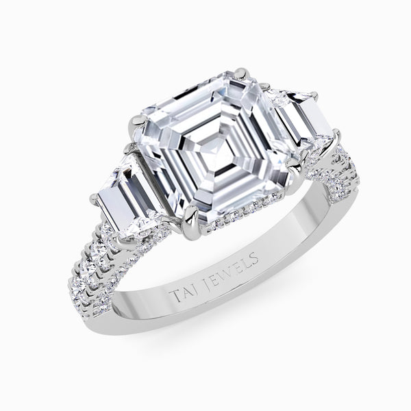 Asscher Trilogy Lab Diamond Engagement Ring With Trapezoid Side Diamonds, 3D pave Band & Open Gallery (1.50CT+)