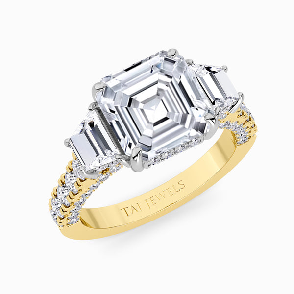 Asscher Trilogy Lab Diamond Engagement Ring With Trapezoid Side Diamonds, 3D pave Band & Open Gallery (1.50CT+)