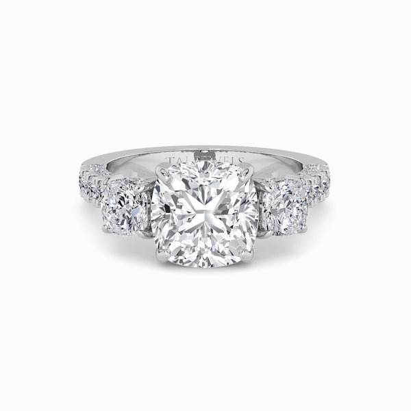 Cushion Trilogy Lab Diamond Engagement Ring With Cushion Side Diamonds, 3D pave Band & Open Gallery (1.50CT+)