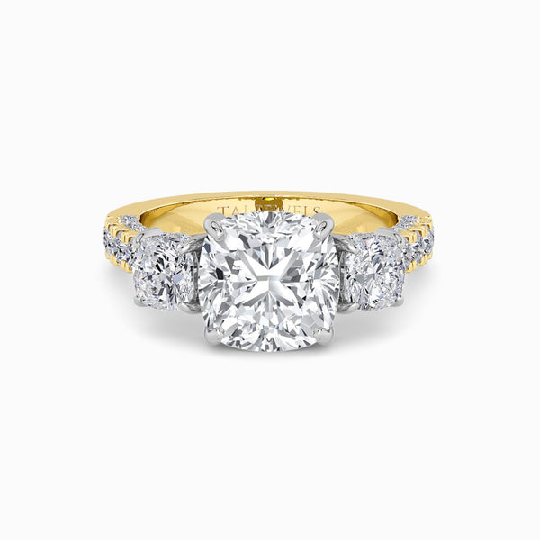 Cushion Trilogy Lab Diamond Engagement Ring With Cushion Side Diamonds, 3D pave Band & Open Gallery (1.50CT+)