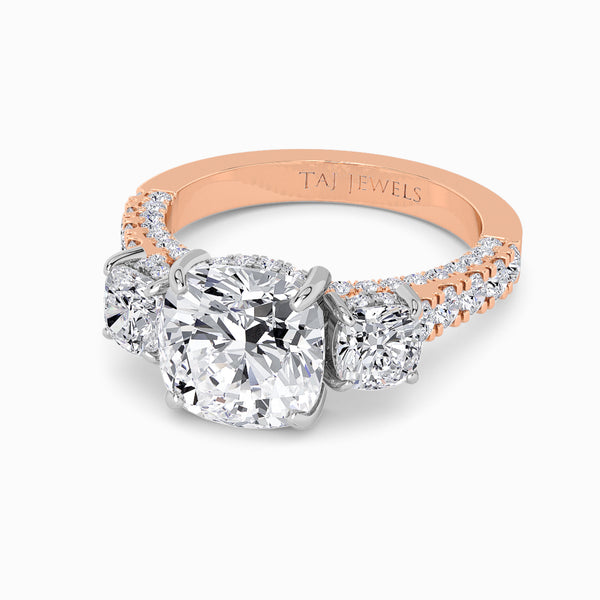 Cushion Trilogy Lab Diamond Engagement Ring With Cushion Side Diamonds, 3D pave Band & Open Gallery (1.50CT+)